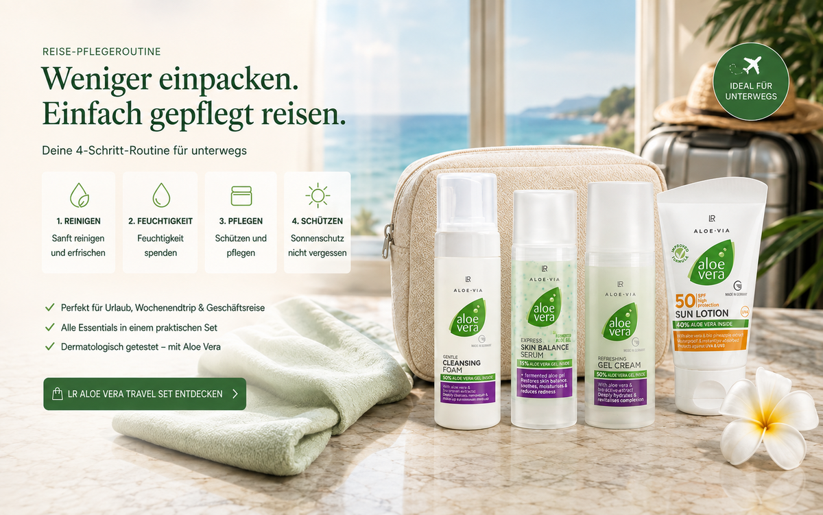Reise-Pflegeroutine mit LR Aloe Vera Produkten für unterwegs