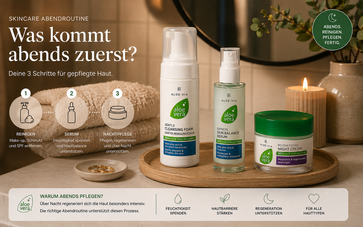 Skincare Abendroutine mit LR Aloe Vera Reinigung Serum und Nachtpflege