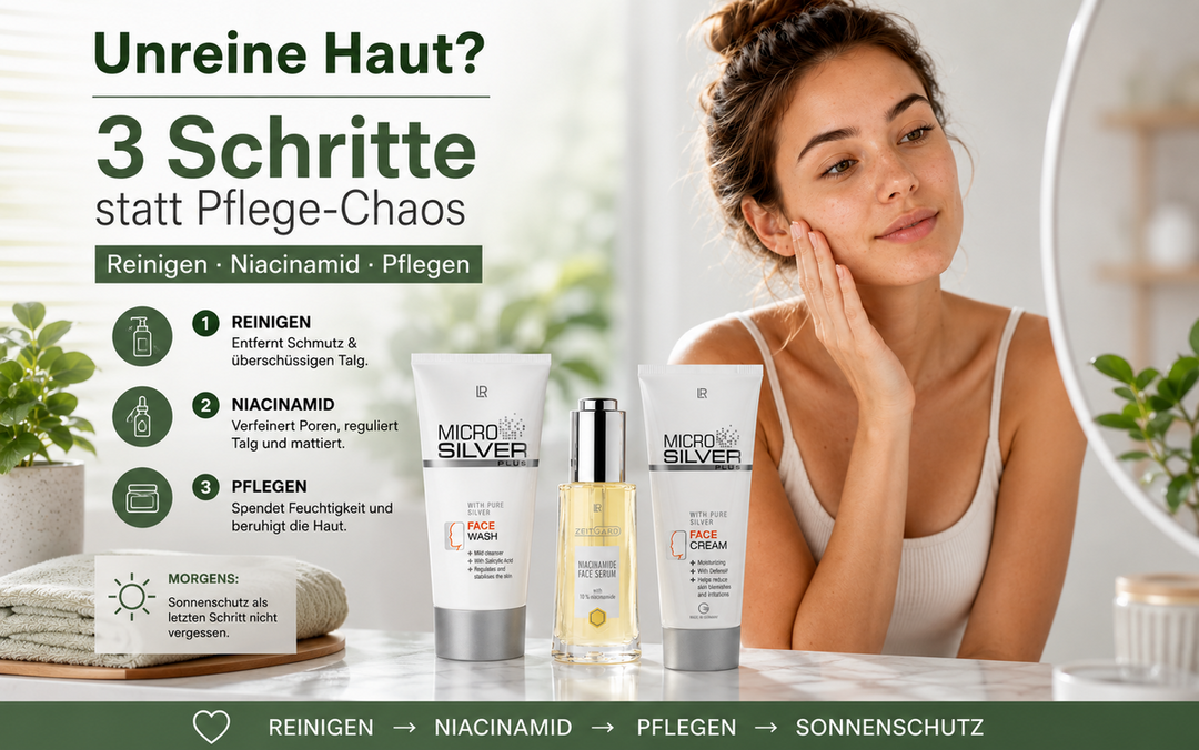 Pflegeroutine für unreine Haut mit Reinigung Niacinamid und Pflege